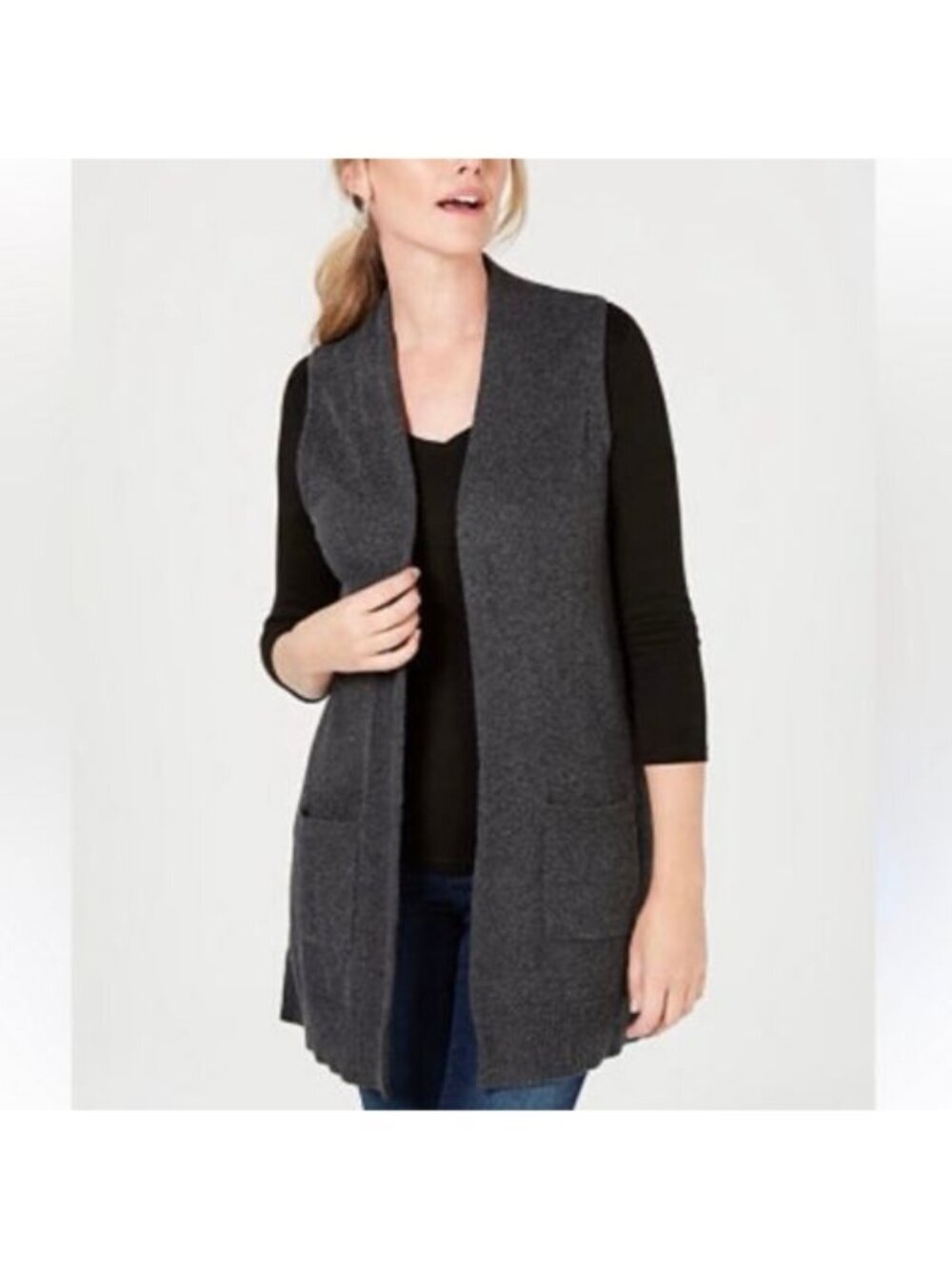 Tahari 100% Merino Wool Dark Gray Sleeveless Long Open Cardigan Vest Small